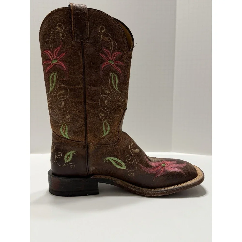 Tony Lama San Saba Boots Womens 7.5 B Brown Floral Square Toe Handcrafted - Picture 5 of 11